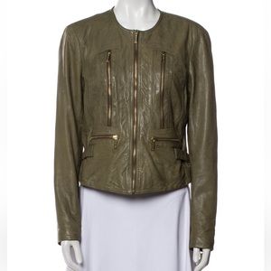 Michael Kors Genuine Leather Jacket - Olive Green